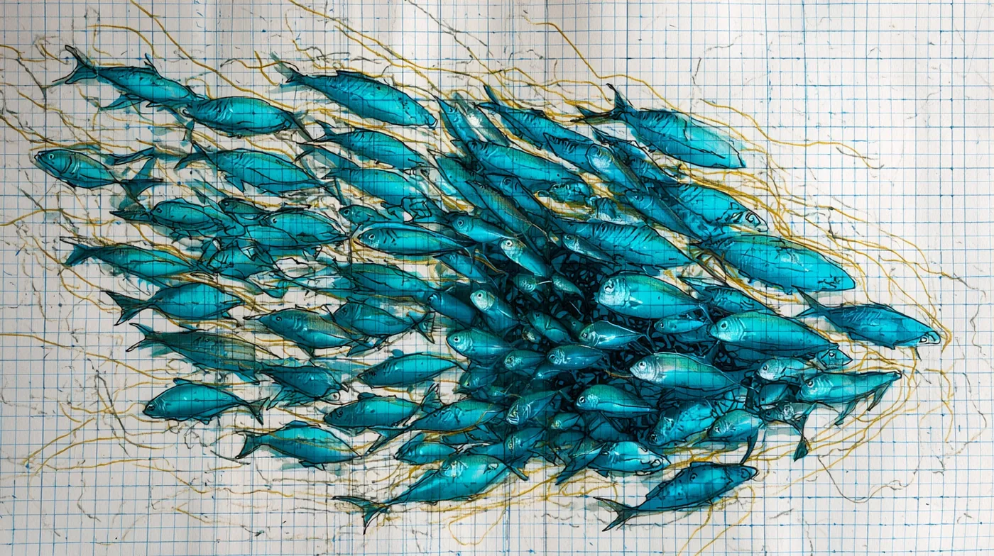 Handgezeichnete Illustration: Fischschwarm — koordinierte Bewegung als Metapher für Projektsteuerung