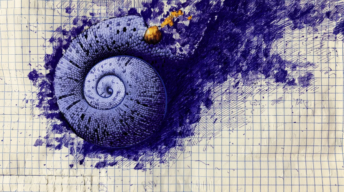 Handgezeichnete Illustration: violette Spiralschnecke — Entwicklung und Zukunft durch Künstliche Intelligenz